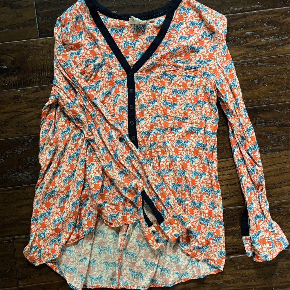 Women's Orange Printed Henley Top with Navy Trim